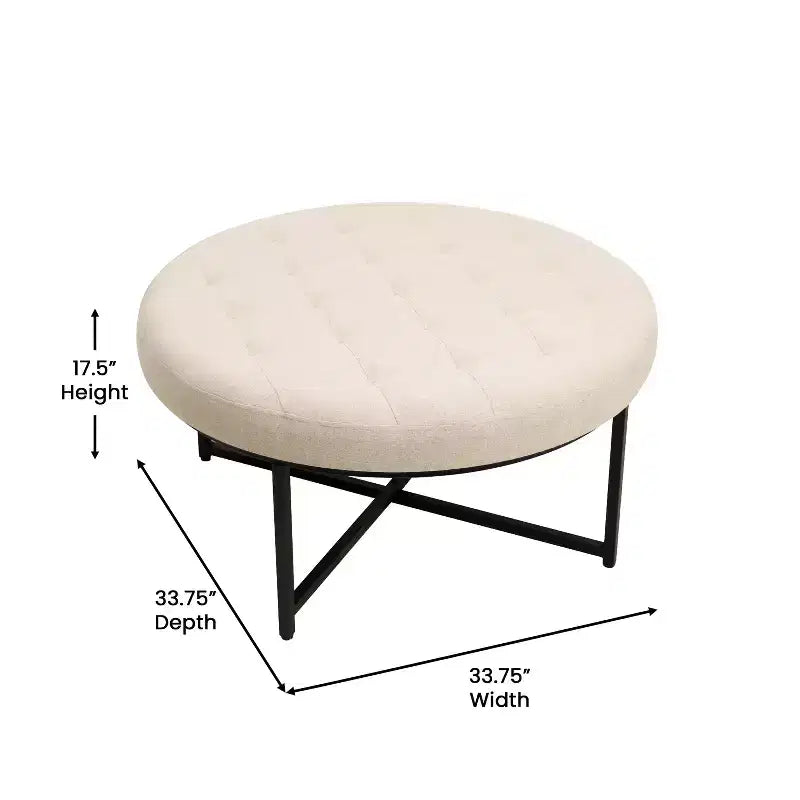 Emma and Oliver 34 in. Cotton Linen Round Ottoman with Tufted Design and Sturdy Iron Frame
