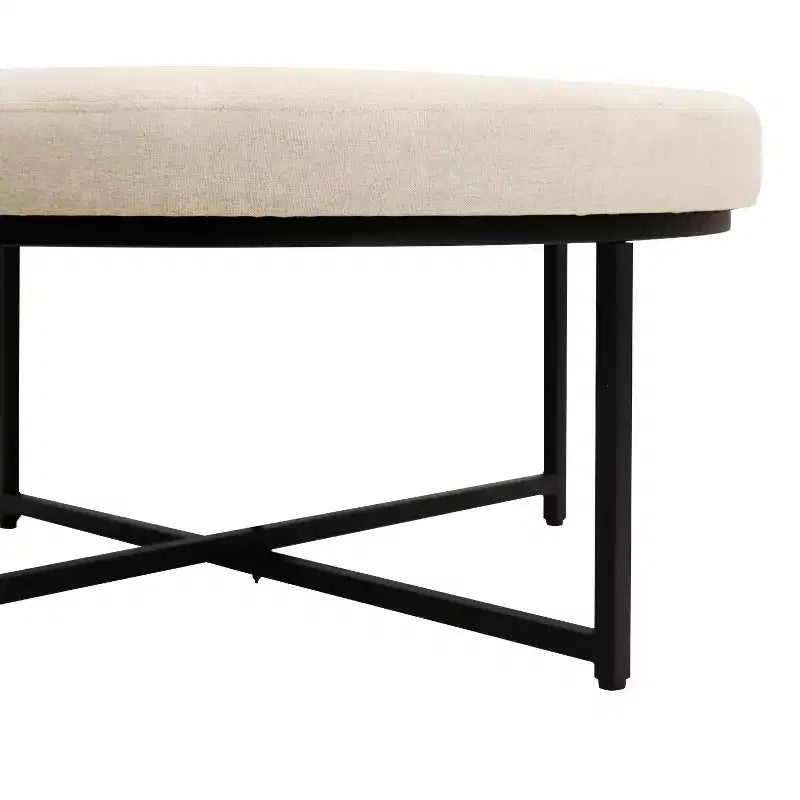 Emma and Oliver 34 in. Cotton Linen Round Ottoman with Tufted Design and Sturdy Iron Frame