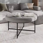 Emma and Oliver 34 in. Cotton Linen Round Ottoman with Tufted Design and Sturdy Iron Frame