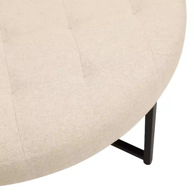 Emma and Oliver 34 in. Cotton Linen Round Ottoman with Tufted Design and Sturdy Iron Frame