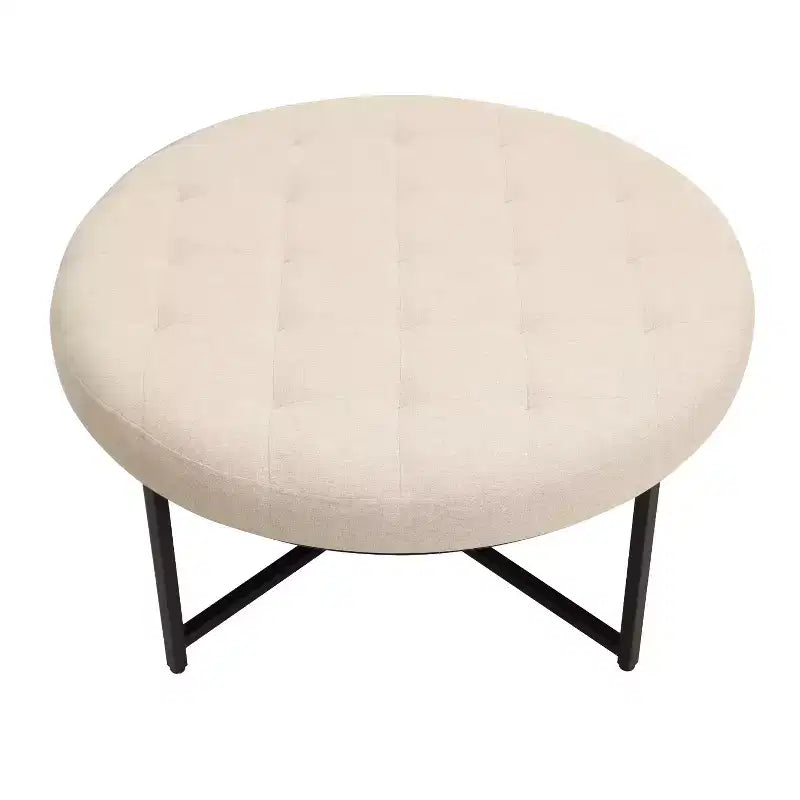 Emma and Oliver 34 in. Cotton Linen Round Ottoman with Tufted Design and Sturdy Iron Frame