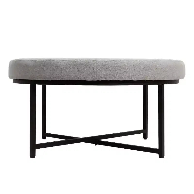 Emma and Oliver 34 in. Cotton Linen Round Ottoman with Tufted Design and Sturdy Iron Frame