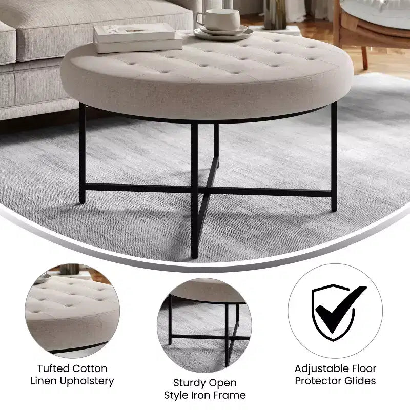 Emma and Oliver 34 in. Cotton Linen Round Ottoman with Tufted Design and Sturdy Iron Frame