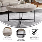 Emma and Oliver 34 in. Cotton Linen Round Ottoman with Tufted Design and Sturdy Iron Frame