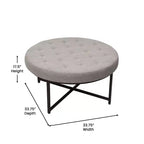 Emma and Oliver 34 in. Cotton Linen Round Ottoman with Tufted Design and Sturdy Iron Frame