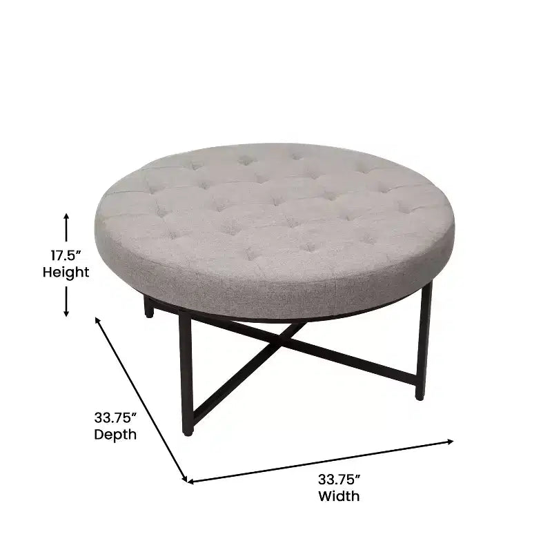 Emma and Oliver 34 in. Cotton Linen Round Ottoman with Tufted Design and Sturdy Iron Frame