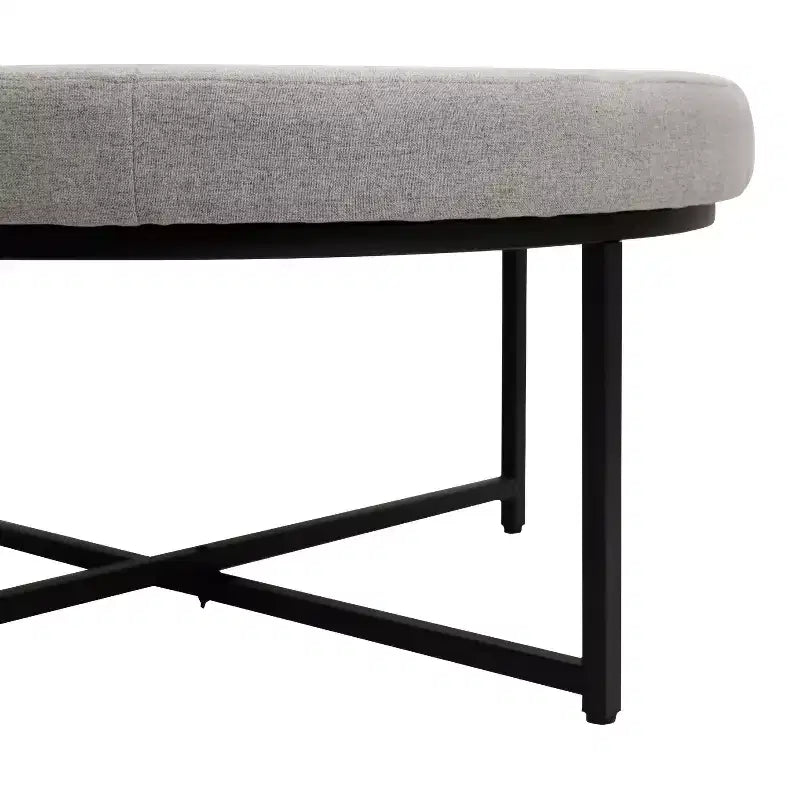 Emma and Oliver 34 in. Cotton Linen Round Ottoman with Tufted Design and Sturdy Iron Frame