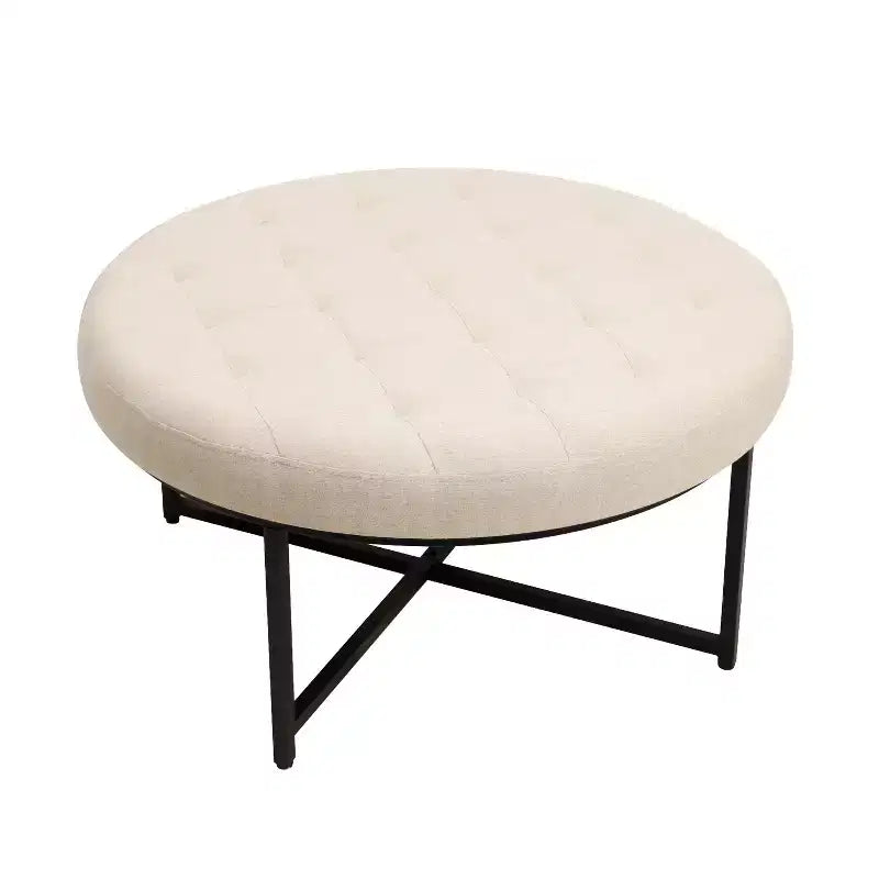 Emma and Oliver 34 in. Cotton Linen Round Ottoman with Tufted Design and Sturdy Iron Frame