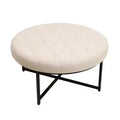 Emma and Oliver 34 in. Cotton Linen Round Ottoman with Tufted Design and Sturdy Iron Frame