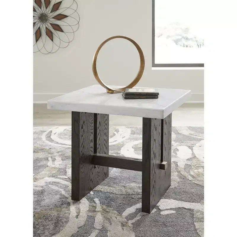 Signature Design by Ashley Burkhaus Traditional End Table with Marble Tabletop, Dark Brown & White