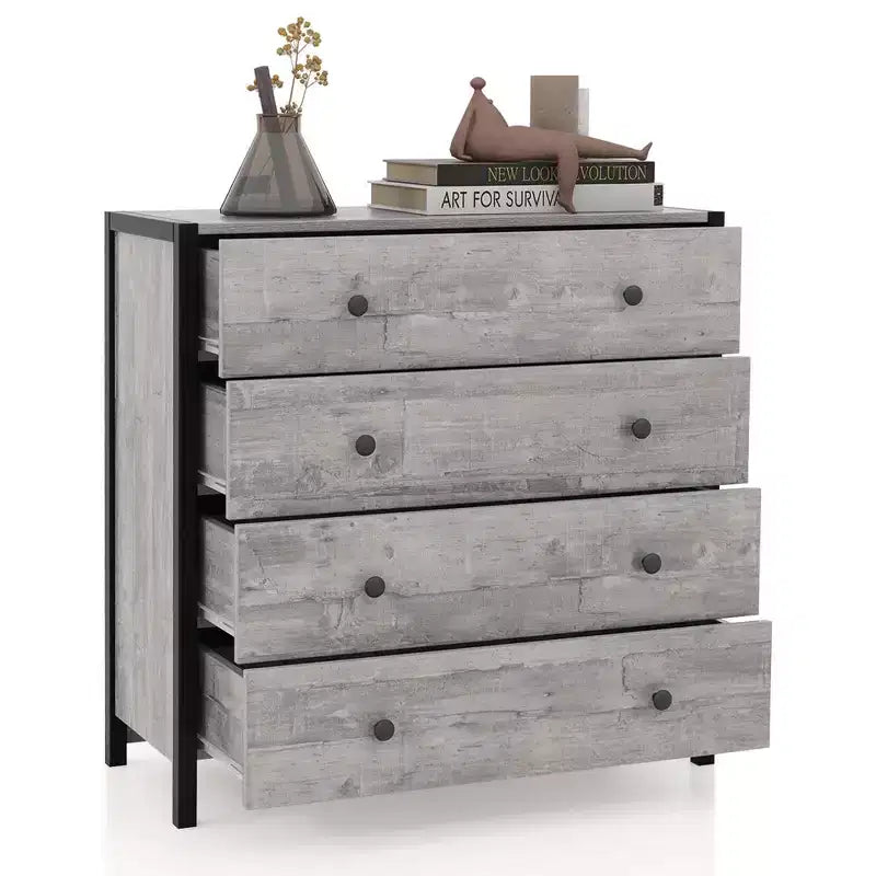 Costway 4-Drawer Dresser Modern Chest of Drawers Wooden Storage Dresser Grey/Oak