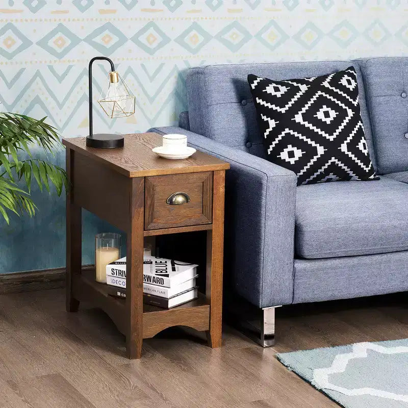 Costway Contemporary Chair Side End Table Compact Table w/ Drawer Nightstand Tawny