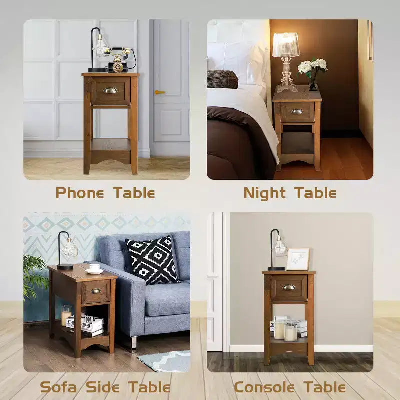 Costway Contemporary Chair Side End Table Compact Table w/ Drawer Nightstand Tawny