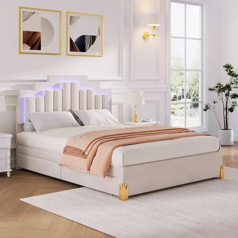 Letto matrimoniale imbottito in tessuto beige con luci e cassetti