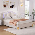 Letto matrimoniale imbottito in tessuto beige con luci e cassetti
