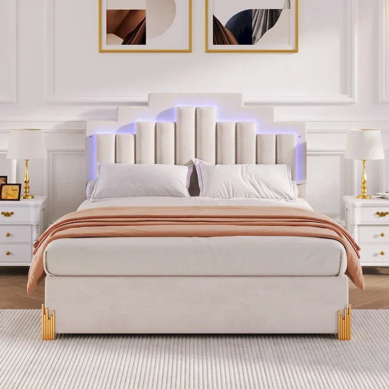 Letto matrimoniale imbottito in tessuto beige con luci e cassetti