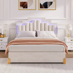 Letto matrimoniale imbottito in tessuto beige con luci e cassetti