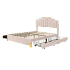 Letto matrimoniale imbottito in tessuto beige con luci e cassetti