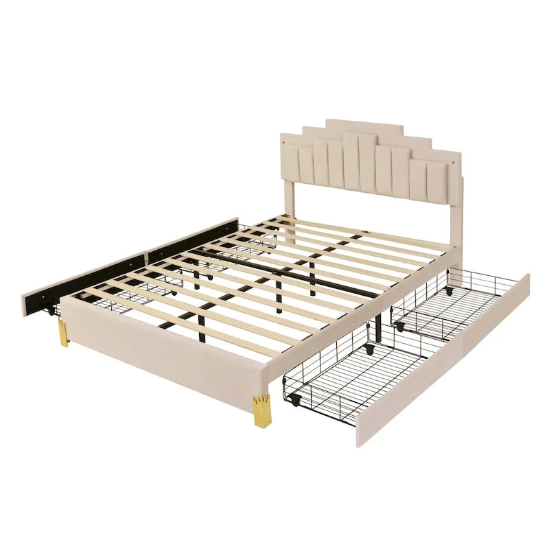 Letto matrimoniale imbottito in tessuto beige con luci e cassetti