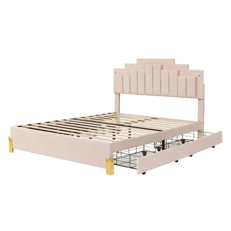Letto matrimoniale imbottito in tessuto beige con luci e cassetti