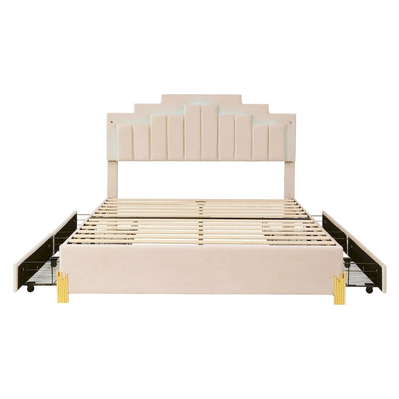 Letto matrimoniale imbottito in tessuto beige con luci e cassetti