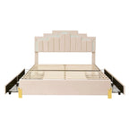Letto matrimoniale imbottito in tessuto beige con luci e cassetti