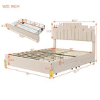 Letto matrimoniale imbottito in tessuto beige con luci e cassetti