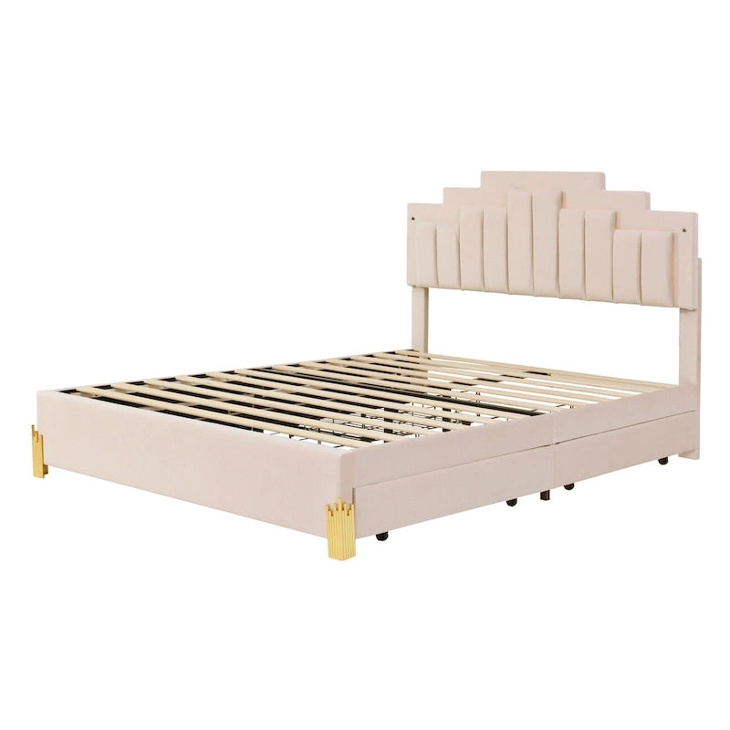 Letto matrimoniale imbottito in tessuto beige con luci e cassetti
