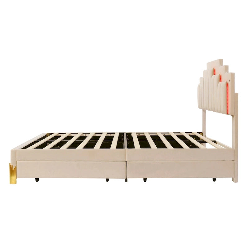 Letto matrimoniale imbottito in tessuto beige con luci e cassetti