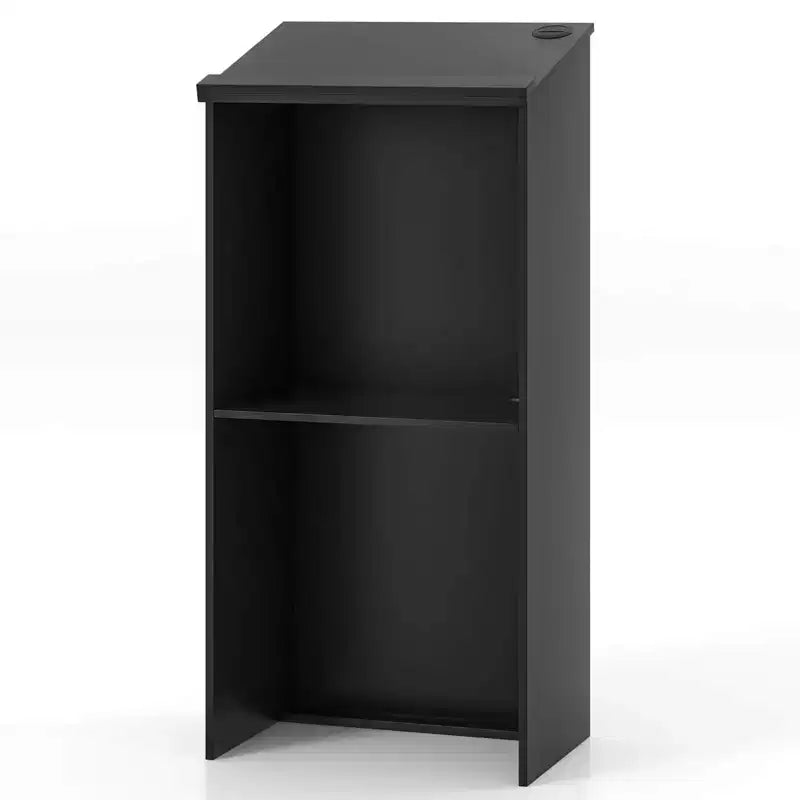 Costway Wooden Floor Standing Podium Speaking Lectern w/ Adjustable Shelf & Pen Tray & Cable Holes Brown/Black