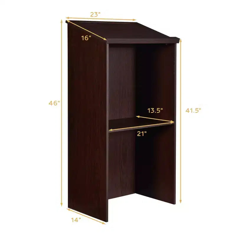 Costway Wooden Floor Standing Podium Speaking Lectern w/ Adjustable Shelf & Pen Tray & Cable Holes Brown/Black