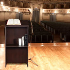 Costway Wooden Floor Standing Podium Speaking Lectern w/ Adjustable Shelf & Pen Tray & Cable Holes Brown/Black