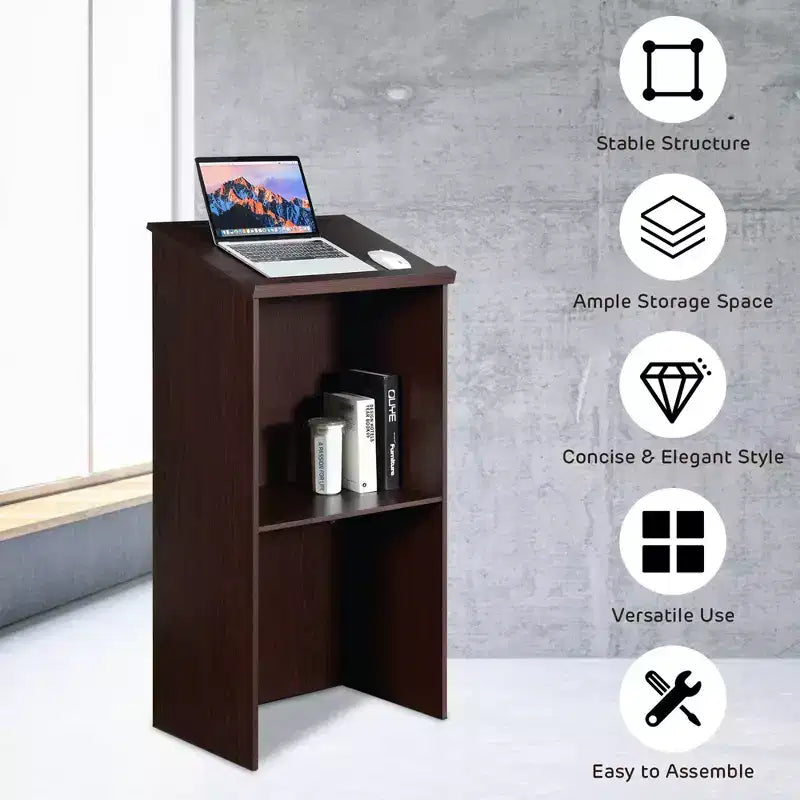 Costway Wooden Floor Standing Podium Speaking Lectern w/ Adjustable Shelf & Pen Tray & Cable Holes Brown/Black