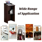 Costway Wooden Floor Standing Podium Speaking Lectern w/ Adjustable Shelf & Pen Tray & Cable Holes Brown/Black