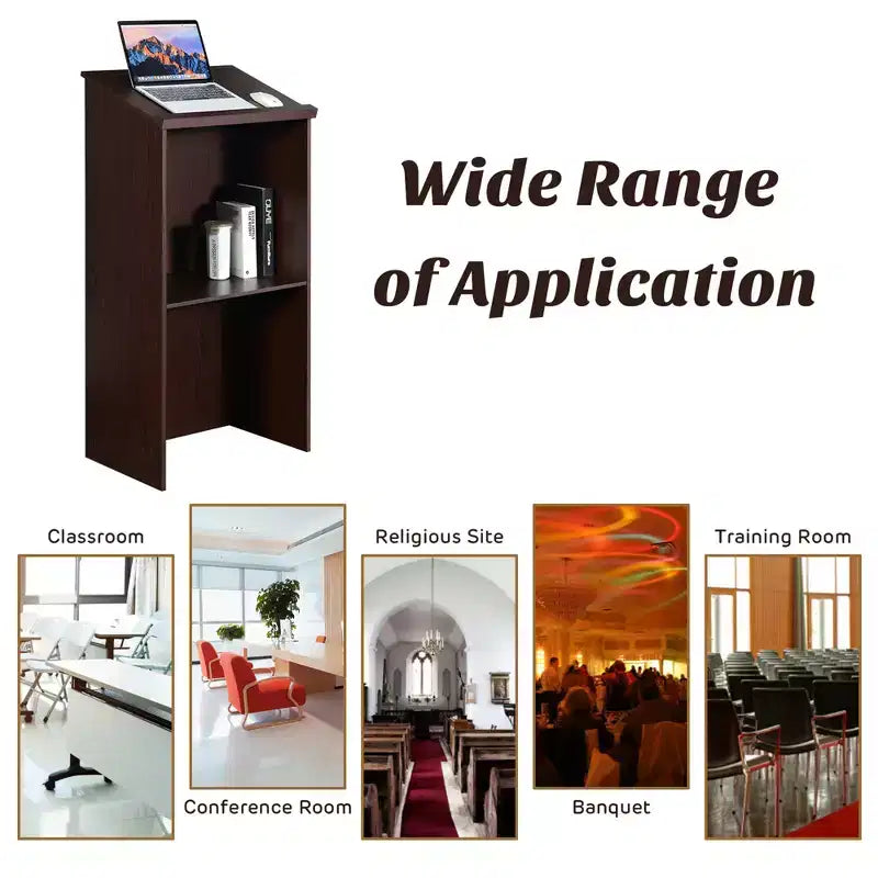 Costway Wooden Floor Standing Podium Speaking Lectern w/ Adjustable Shelf & Pen Tray & Cable Holes Brown/Black