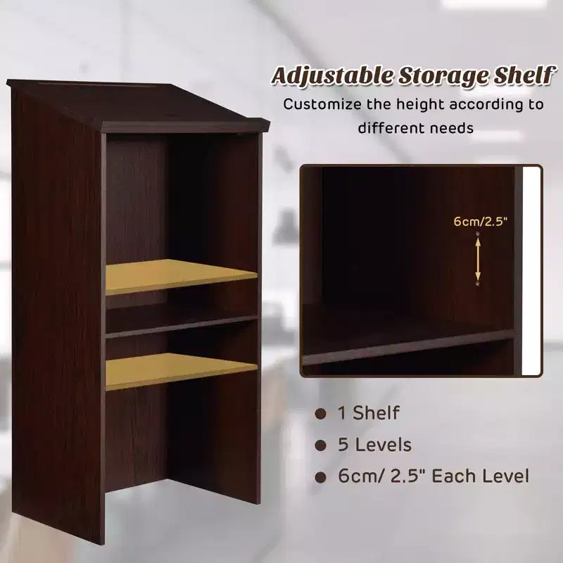 Costway Wooden Floor Standing Podium Speaking Lectern w/ Adjustable Shelf & Pen Tray & Cable Holes Brown/Black