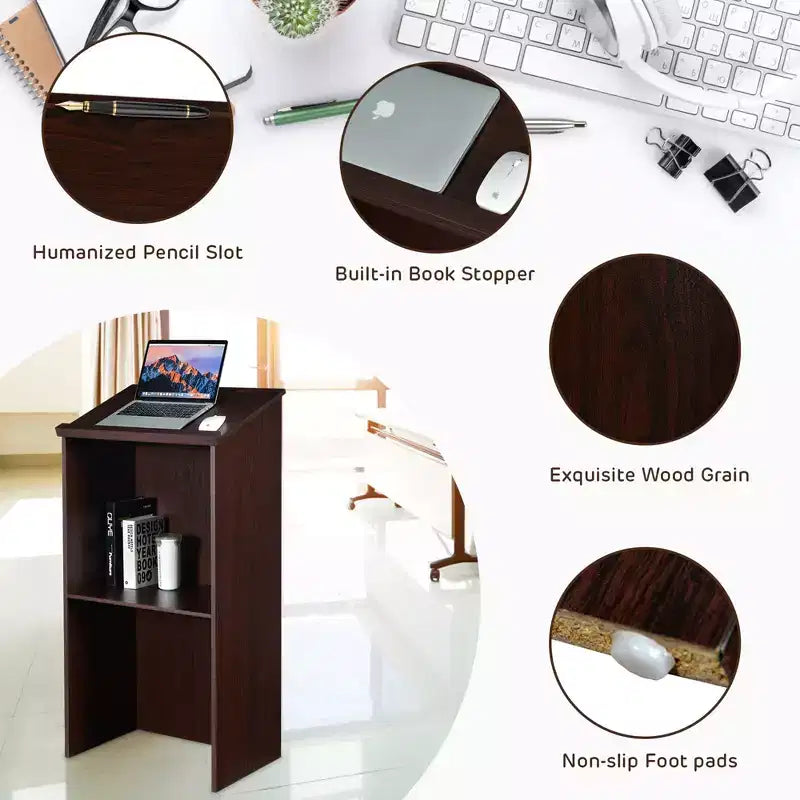 Costway Wooden Floor Standing Podium Speaking Lectern w/ Adjustable Shelf & Pen Tray & Cable Holes Brown/Black
