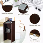 Costway Wooden Floor Standing Podium Speaking Lectern w/ Adjustable Shelf & Pen Tray & Cable Holes Brown/Black