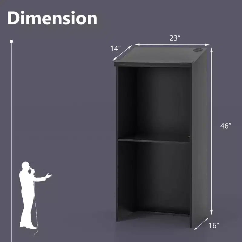 Costway Wooden Floor Standing Podium Speaking Lectern w/ Adjustable Shelf & Pen Tray & Cable Holes Brown/Black