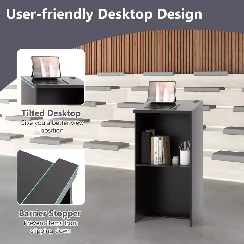 Costway Wooden Floor Standing Podium Speaking Lectern w/ Adjustable Shelf & Pen Tray & Cable Holes Brown/Black