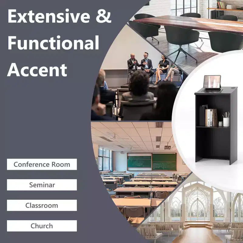 Costway Wooden Floor Standing Podium Speaking Lectern w/ Adjustable Shelf & Pen Tray & Cable Holes Brown/Black