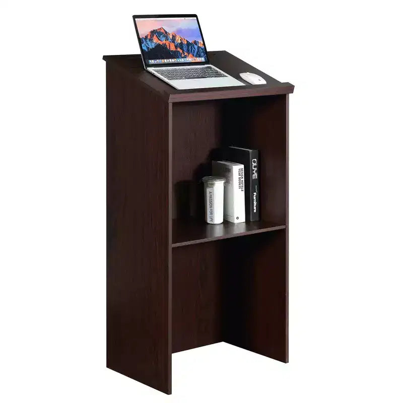 Costway Wooden Floor Standing Podium Speaking Lectern w/ Adjustable Shelf & Pen Tray & Cable Holes Brown/Black