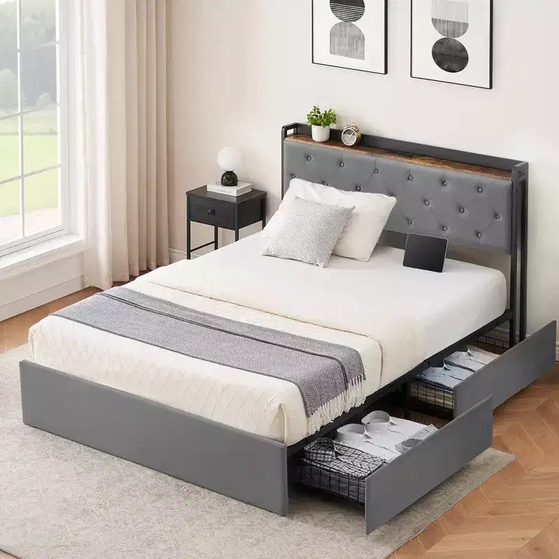 WhizMax Full Size Bed Frame with Charging Station and 4 Storage Drawers, Gray Velvet Upholstered Platform Bed with Storage Headboard and Wooden slats