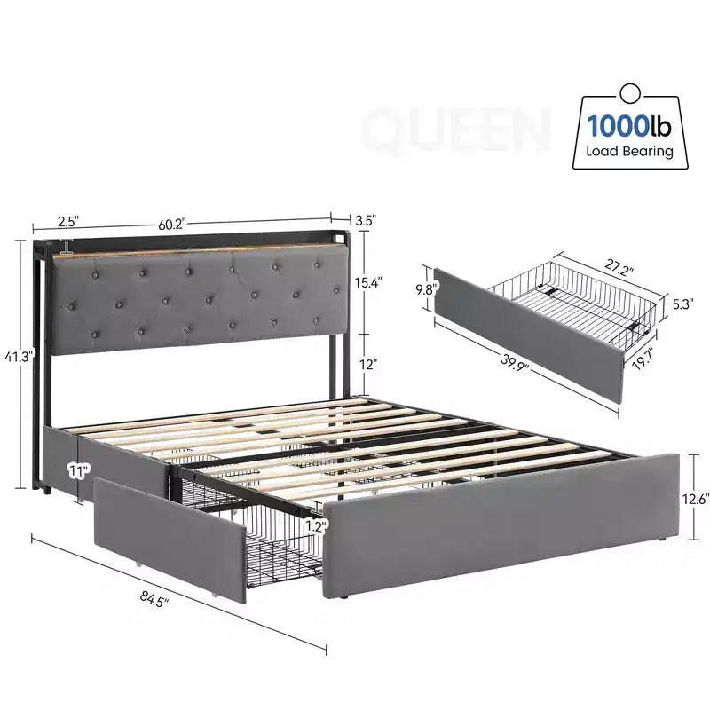 WhizMax Struttura Letto Matrimoniale con Stazione di Ricarica e 4 Cassetti Contenitore, Letto con Piattaforma Imbottita in Velluto Grigio con Testiera Contenitore e Doghe in Legno