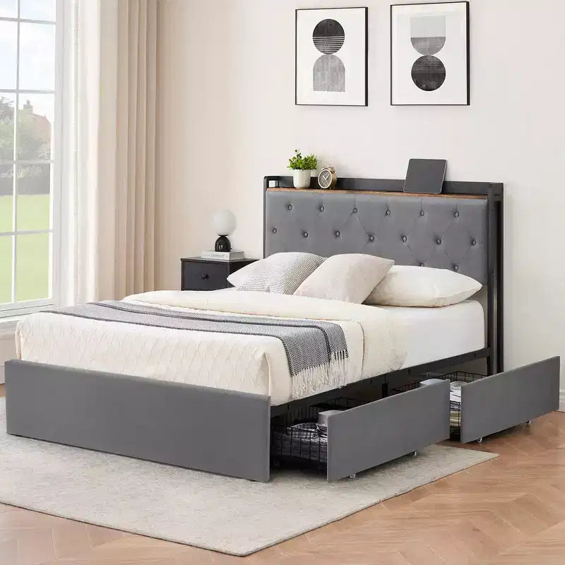 WhizMax Struttura Letto Matrimoniale con Stazione di Ricarica e 4 Cassetti Contenitore, Letto con Piattaforma Imbottita in Velluto Grigio con Testiera Contenitore e Doghe in Legno