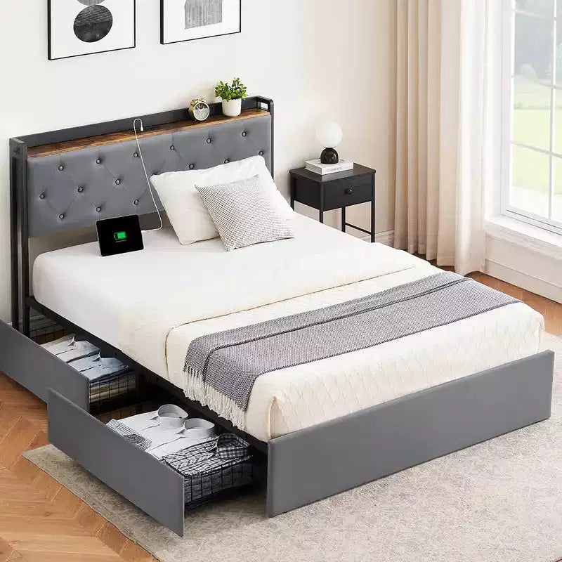 WhizMax Struttura Letto Matrimoniale con Stazione di Ricarica e 4 Cassetti Contenitore, Letto con Piattaforma Imbottita in Velluto Grigio con Testiera Contenitore e Doghe in Legno
