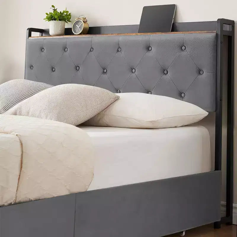 WhizMax Struttura Letto Matrimoniale con Stazione di Ricarica e 4 Cassetti Contenitore, Letto con Piattaforma Imbottita in Velluto Grigio con Testiera Contenitore e Doghe in Legno