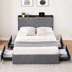 WhizMax Struttura Letto Matrimoniale con Stazione di Ricarica e 4 Cassetti Contenitore, Letto con Piattaforma Imbottita in Velluto Grigio con Testiera Contenitore e Doghe in Legno