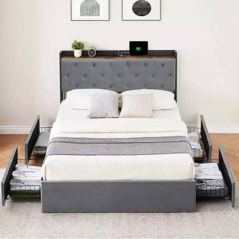 WhizMax Struttura Letto Matrimoniale con Stazione di Ricarica e 4 Cassetti Contenitore, Letto con Piattaforma Imbottita in Velluto Grigio con Testiera Contenitore e Doghe in Legno