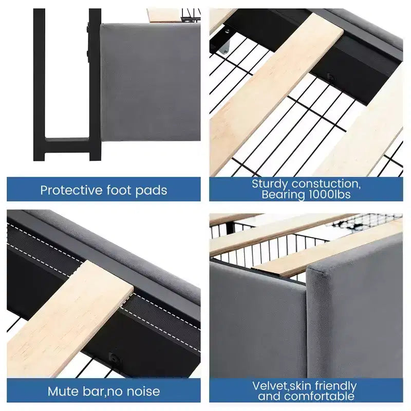WhizMax Struttura Letto Matrimoniale con Stazione di Ricarica e 4 Cassetti Contenitore, Letto con Piattaforma Imbottita in Velluto Grigio con Testiera Contenitore e Doghe in Legno